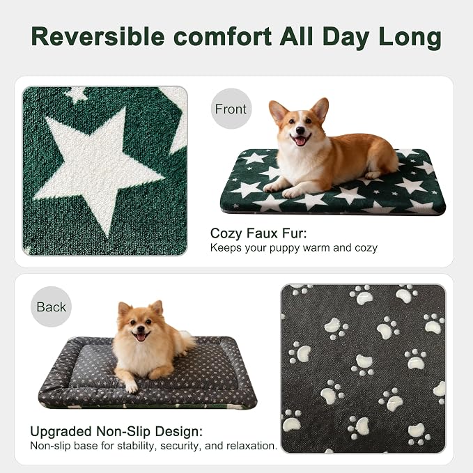 Washable Dog Bed Plush Orthopedic Outdoor Crate Mat with Non-Slip Bottom,Luxe Soft Kennel Pad for Pets, Cozy Cage Cushion & Pet Sleeping Mattress Large Sized,Medium,Small Dogs,24x18 inch,Green