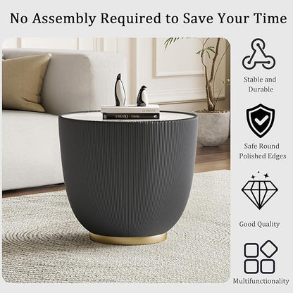 Round Coffee Table Set with Sintered Stone Tabletop, 27.56" Black Drum Center Table and 19.69" Grey Coffee Table Set, 2 Pieces Living Room Table Set with Fluted PU Leather Cover& Metal Base