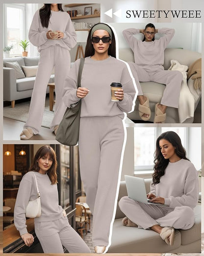 Sweetyweee Women's 2 Piece Outfits Set Fleece Lined Lounge Sweatsuit Crewneck Pullover Top Wide Leg Pants Casual Tracksuit