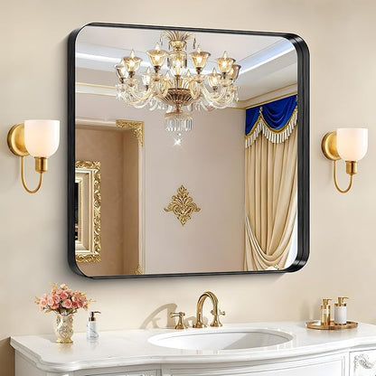 CIRCUMI Black Bathroom Mirror, Rounded Corner, Tempered Glass, Mirror