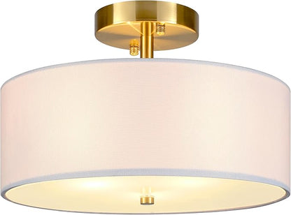 12.6" Semi Flush Mount Ceiling Light Fixture, 3 Light Gold Drum Light Fixtures with White Fabric Shade, Modern Close to Ceiling Lighting for Living Room, Bedroom, Hallway, Entry, Foyer