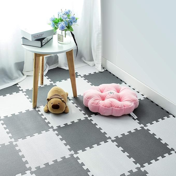 qqpp EVA Rubber 18 Tiles Interlocking Puzzle Foam Floor Mats - Baby Play Mat for Playing | Exercise Mat for Home Workout. White, Gray. QC-ALb18N