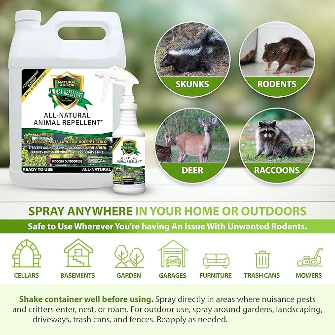 Natural Armor Animal & Rodent Repellent Spray. Repels Skunks, Raccoons, Rats, Mice, Deer Rodents & Critters. Repeller & Deterrent in Powerful Peppermint Formula – 128 Fl Oz Gallon Ready to Use