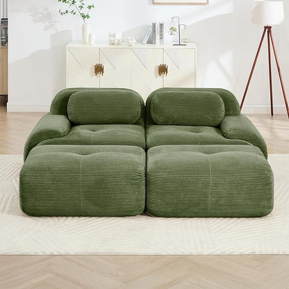 80" Modern Corduroy Boneless Love Seat Couches with 2 Ottomans, 2 Seater Large Sectional Couches for Living Room, Green Cloud Modular Sectional Sofa, Memory Foam, Extra Deep Loveseat, No Assembly
