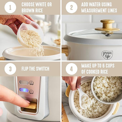GreenLife Rice Cooker with Removable PFAS-Free Ceramic Nonstick Pot, 3-Cups