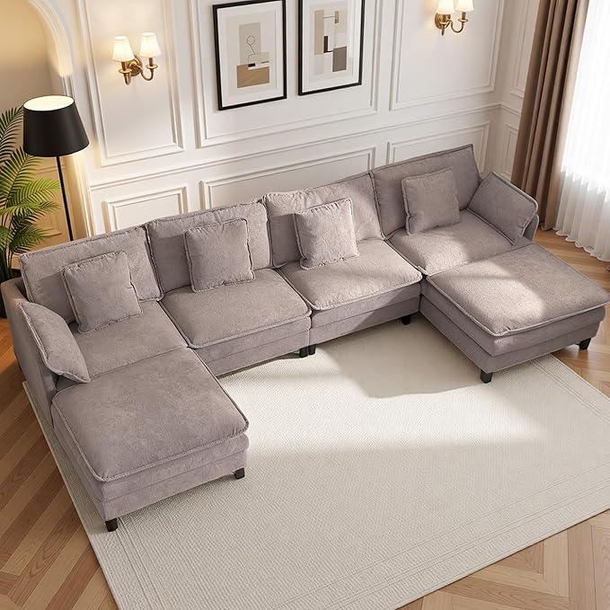 Claiks 148" Modular Sectional Sofa, Cloud Couch with Ottoman, U-Shaped 6-Seater Sofa in Chenille Fabric, Deep Seat Comfy Couch with Pillows for Living Room & Offices, Light Gray
