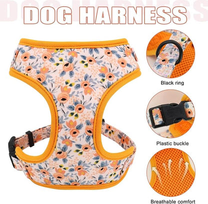 Beirui Cute Dog Collars,Harnesses,Leashes Set, Floral Pattern, Orange,S | Girl Dog Harness Set with Flower, Adjustable and Soft Mesh Lining, For Small Dogs Daily Walks