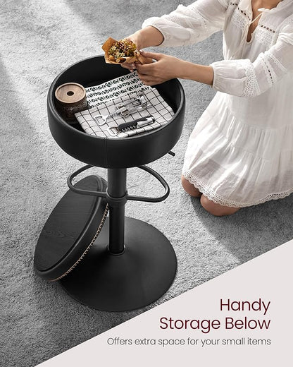 VASAGLE EKHO Collection - 360° Swivel Bar Stool, Height Adjustable Barstool with Storage, Synthetic Leather with Stitching, Mid-Century Modern, Kitchen Bar, Easy Assembly, Ink Black