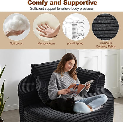 55'' Oversized Round Boneless Chaise Lounge Chair Indoor, Upholstered Corduroy Deep Seat Cloud Large Circle Sofa Couches Bed Corduroy Modern Floor No Assembly Sleeper Bed for Living Room, Bedroom
