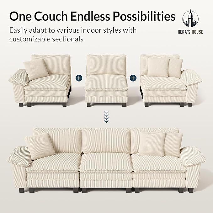 HERA'S HOUSE 124" Modular Sectional Sofa, Oversized U Shaped Couches for Living Room, Comfy Cloud Couch with Ottoman, 5-Seater Deep Seat Sofa with Throw Pillow, Corduroy Beige