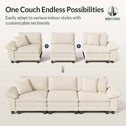 HERA'S HOUSE 124" Modular Sectional Sofa, Oversized U Shaped Couches for Living Room, Comfy Cloud Couch with Ottoman, 5-Seater Deep Seat Sofa with Throw Pillow, Corduroy Beige
