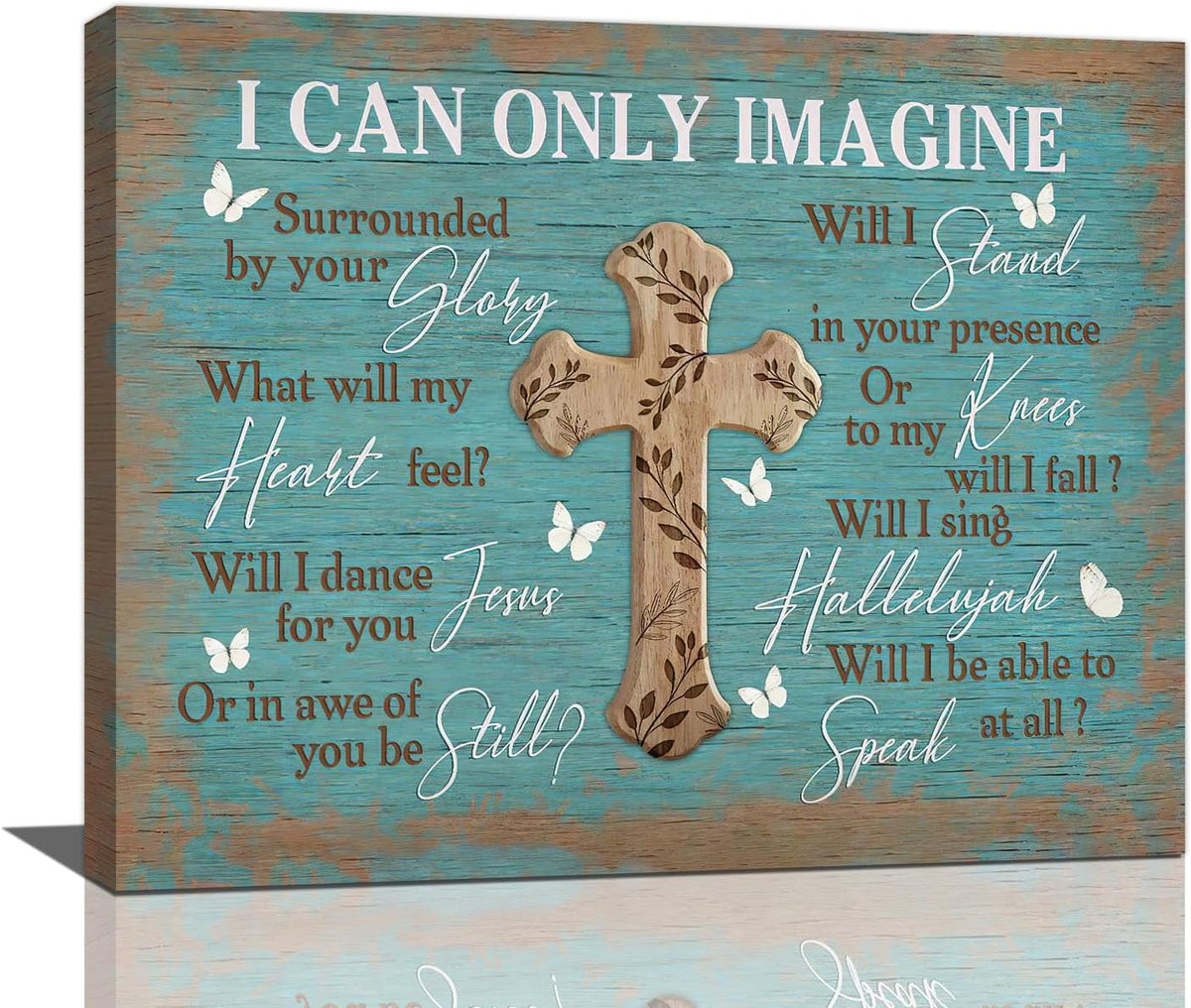 Rustic Christian Cross Wall Art I Can Only Imagine Pictures Farmhouse Butterfly Wall Decor Teal Motivational Canvas Print Painting Artwork for Bathroom Living Room Bedroom 16"x20"