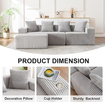 106" Modular Sectional Sofa, Modern Cloud L-Shape Couch with Ottoman Chaise, Comfy Deep Seat Chenille Boneless Couches for Living Room, No Assembly Required, Light Grey