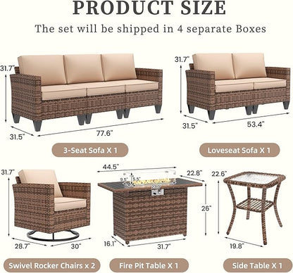 UDPATIO Patio Furniture Set with Fire Pit Table, Rocking Swivel Chairs, 6 Pieces Outdoor Conversation Sets, All-Weather Wicker Outdoor Sectional Sofa with Waterproof Cover, 4'' Thickened Cushion