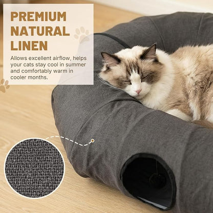 Extra Large Cat Tunnel, Cooling Natural Linen Big Tunnel for Cats 47.2in | Multi-Cat Family Long Cat Tunnel Bed with Washable Mat, Breathable & Durable Big Cat Tunnel for Cats, Dark Grey