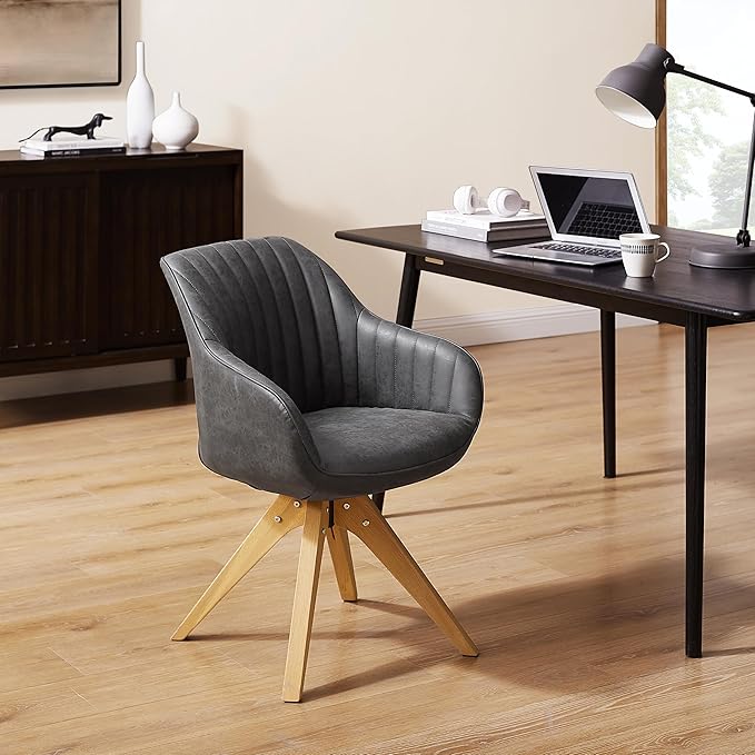 Art Leon Office Chair No Wheels, Mid Century Modern Desk Chair, Swivel Accent Chair with Oak Wood Legs, Faux Leather Upholstered Armchair for Desk, Black