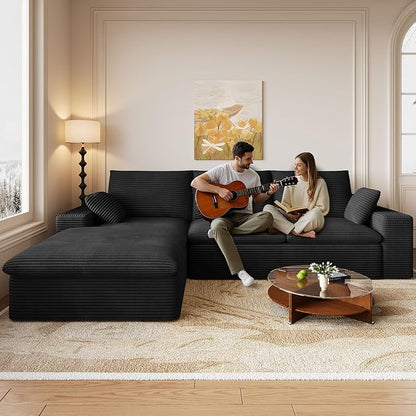 107 Inch Cloud Sectional Couch, Modern Modular Sectional Sofa with L-Shape Chaise, Corduroy Boneless Couches with Deep Seat for Living Room Bedroom, No Assembly Required (Black, Left Facing Chaise)