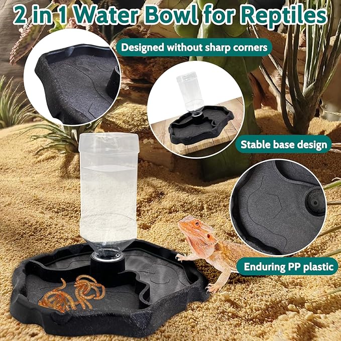 9oz Reptile Water Bottle, Turtle Food and Water Bowl Automatic Feeders Waterer Tortoise Dispenser Bottle Feeding Dish for Lizard Chameleon