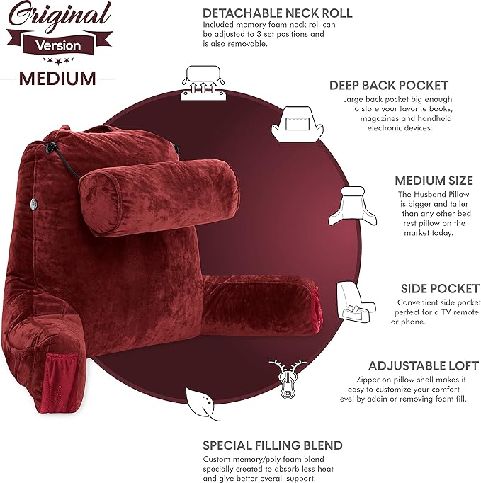 Husband Pillow Medium Maroon, Backrest for Kids, Teens, Petite Adults - Reading Pillows with Arms, Adjustable Loft, Plush Memory Foam, Bed Rest Chair for Sitting Up, Detach Neck Roll, Removable Cover
