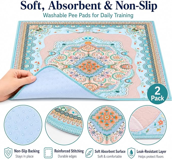 Aitmexcn Washable Pee Pads for Dogs, 2 Reusable Puppy Pads, 34'' x 36'' | Highly Absorbent, Waterproof Layer, Machine Washable, Non-Slip Bottom, For Puppy Training and Crates