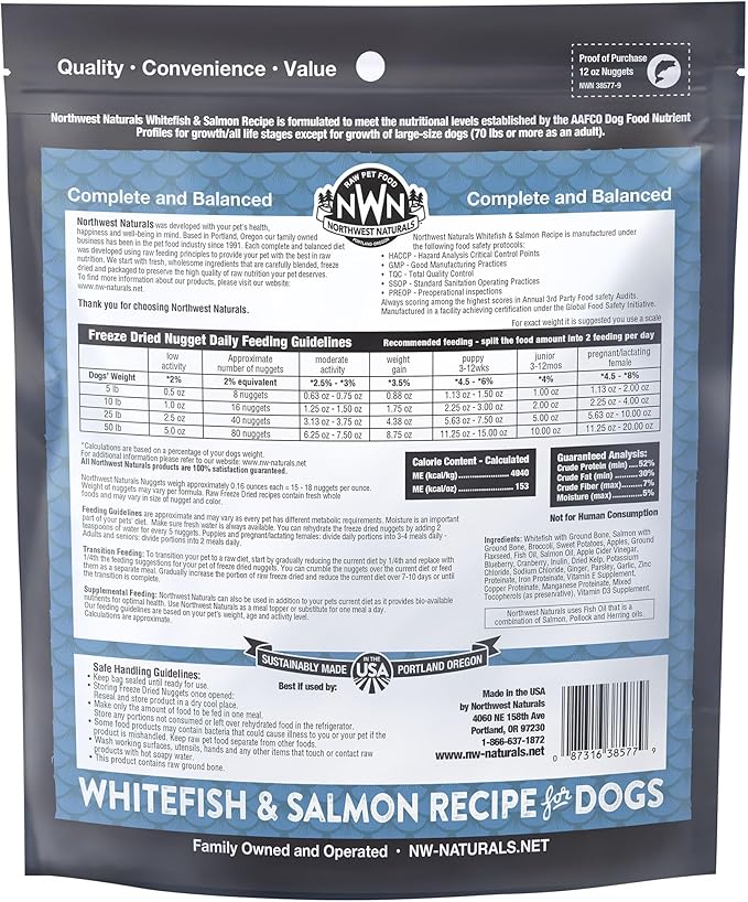 Northwest Naturals Freeze-Dried Whitefish & Salmon Dog Food - Bite-Sized Nuggets - Grain-Free, High-Protein, Raw Diet, Human-Grade Ingredients, All Natural, Omega-3 for Skin & Coat, Made in USA, 12 Oz