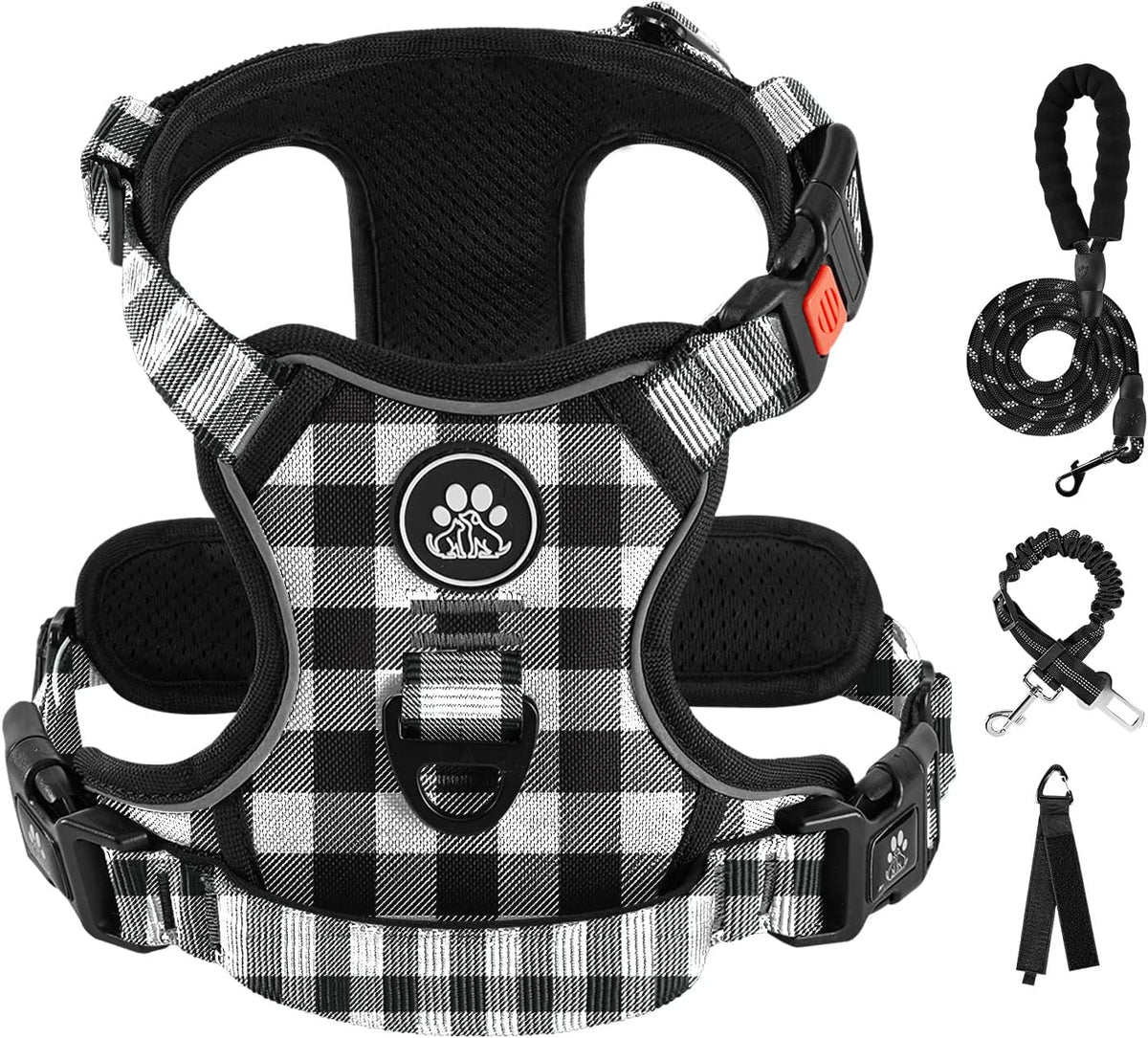 IVY&LANE No Pull Dog Harness with Leash Set, Reflective No Choke Pet Vest,Adjustable Oxford Dog Vest Harness with Easy Control Handle for Medium Lagre Dogs (Checkered Black,M)