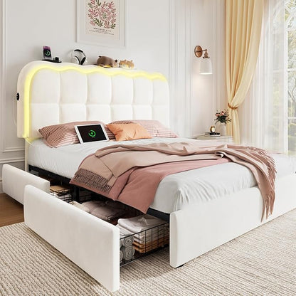 Full Size Bed Frame with 4 Storage Drawers and LED, Adjustable Clouds Headborad, Velvet Upholstered Platform Full Bed Frame with Charing Station, Wood Slats Support, No Box Spring Needed,White