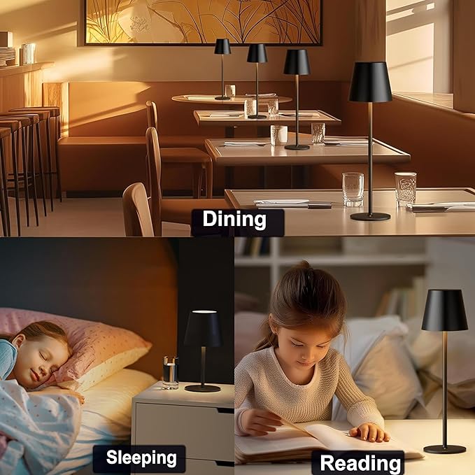 2-Pack Cordless Metal Table Lamp, 3 Adjustable Heights, 5400mAh Rechargeable Battery, 3 Colors Touch Dimming, Waterproof Portable Wireless Desk Lamp for Restaurant, Bedroom, Outdoor Patio