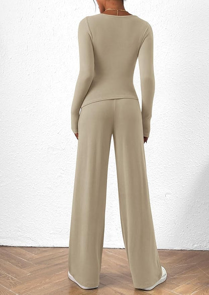 PRETTYGARDEN Women's 2 Piece Lounge Sets Asymmetrical Long Sleeve T Shirt Wide Leg Pants Casual Outfits Tracksuit