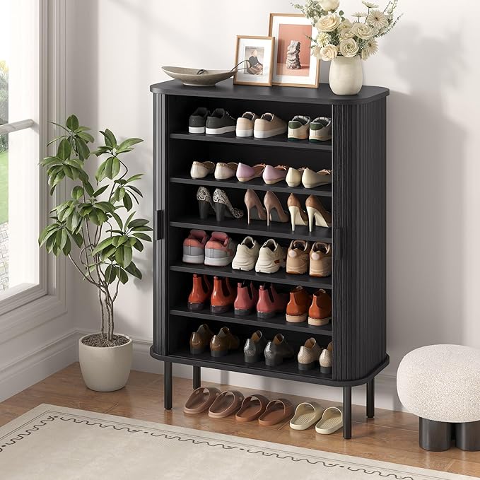 Shoe Storage Cabinet with Adjustable Shelves, 6-Tier Mid-Century Modern Shoe