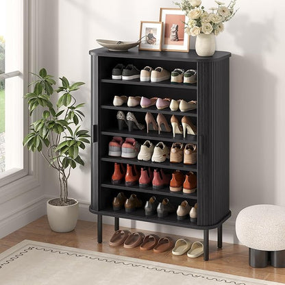 Shoe Storage Cabinet with Adjustable Shelves, 6-Tier Mid-Century Modern Shoe