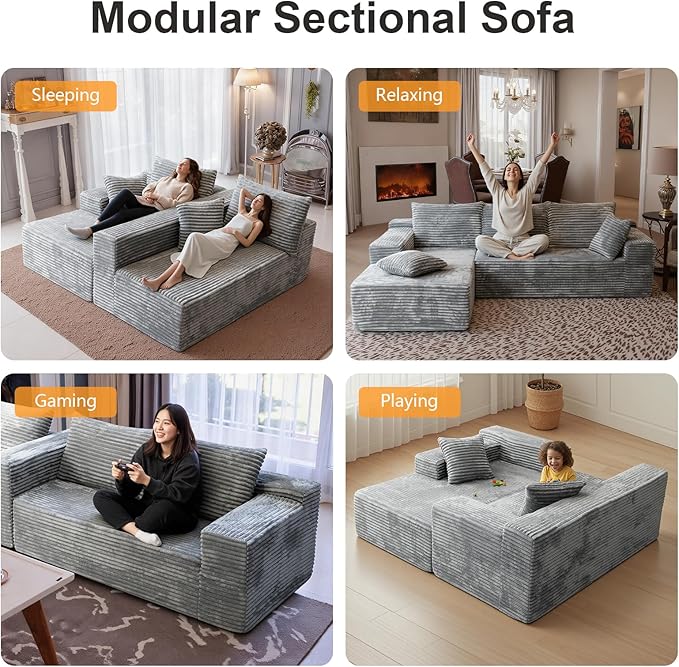 106''Boneless Couches for Living Room, L Shaped Modular Sectional Sofa with Chaise Lounge, Faux Rabbit Fur & Layered Cushion Deep Seat Cloud Couch, No Assembly (Grey, Left Facing Chaise)