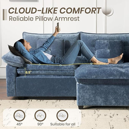 PALLOME 82" Deep Seat Comfy Cloud Couch, Modular Sectional Sofa with Movable Ottoman, L Shaped Chenille Sofa for Small Space, Modern Apartment Living Room & Office (Blue, 2-Seat + Ottoman)