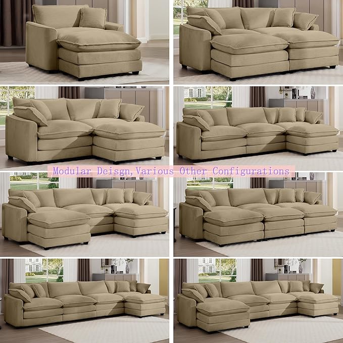 Aoowow Corduroy 3 Seater Sleeper Couch with Ottomans,Large Cloud Couches for Living Room,Tufted Modular Sectional Cloud Sofas Deep Seat,Oversized Chaise Lounge Sofa (Tan, 3 Seater + 3 Ottoman)