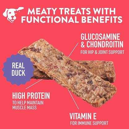 DOGSWELL Hip & Joint Dog Treats 100% Meaty, Grain Free, Glucosamine Chondroitin & Omega 3, Duck Soft Strips 10 oz
