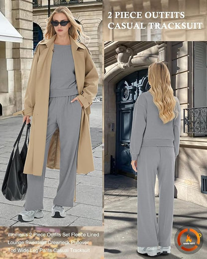 Sweetyweee Women's 2 Piece Outfits Set Fleece Lined Lounge Sweatsuit Crewneck Pullover Top Wide Leg Pants Casual Tracksuit