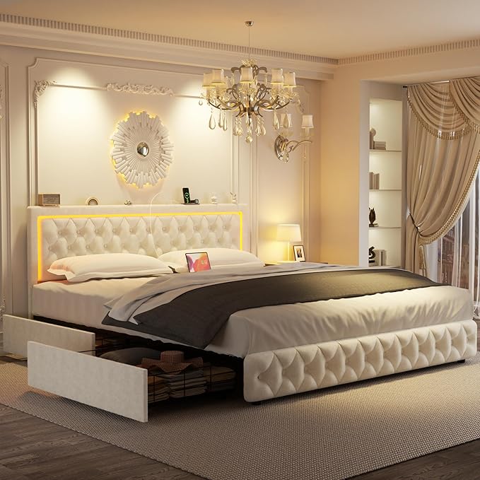 Queen Bed Frame with 4 Storage Drawers, Velvet Upholstered Bed Frame Queen Size with Charging Station and LED Lights, 46" Adjustable Button Tufted Headboard, No Box Spring Needed, Beige