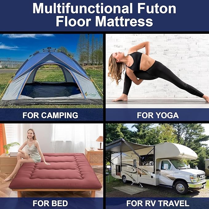 Japanese Floor Mattress,Thicken Japanese Floor Sleeping Pad Foldable,Roll Up Tatami Mat Easy to Store and Portable,Futon Mattress Suitable for Camping and Guest Room (Khaki, Full (80" X 47"))