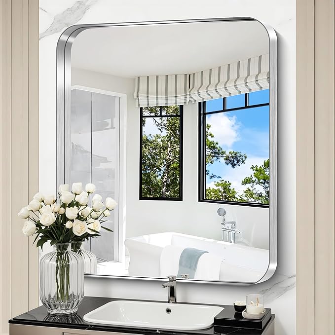 CIRCUMI Silver Bathroom Mirror, Rounded Corner, Tempered Glass, Mirror