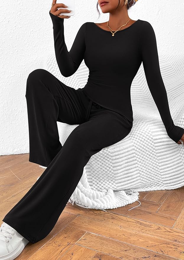 PRETTYGARDEN Women's 2 Piece Lounge Sets Asymmetrical Long Sleeve T Shirt Wide Leg Pants Casual Outfits Tracksuit