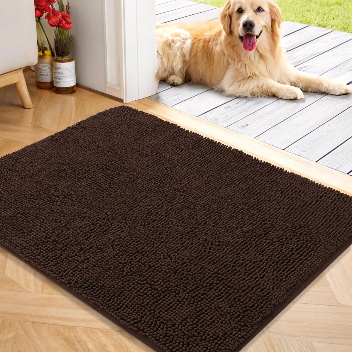 OLANLY Dog Door Mat for Muddy Paws 40x32, Absorbs Moisture and Dirt, Absorbent Non-Slip Washable Doormat, Quick Dry Chenille Mud Mat for Dogs, Entry Indoor Entryway Carpet for Inside Floor, Brown