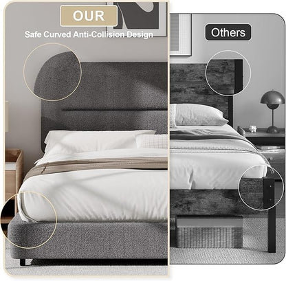 HOMBCK Queen Bed Frame with Headboard, Boucle Upholstered Soft Platform Bed Frame Queen Size with Thickened Footboard, Rounded Corners Design, No Box Spring Required, Easy Assembly, Grey
