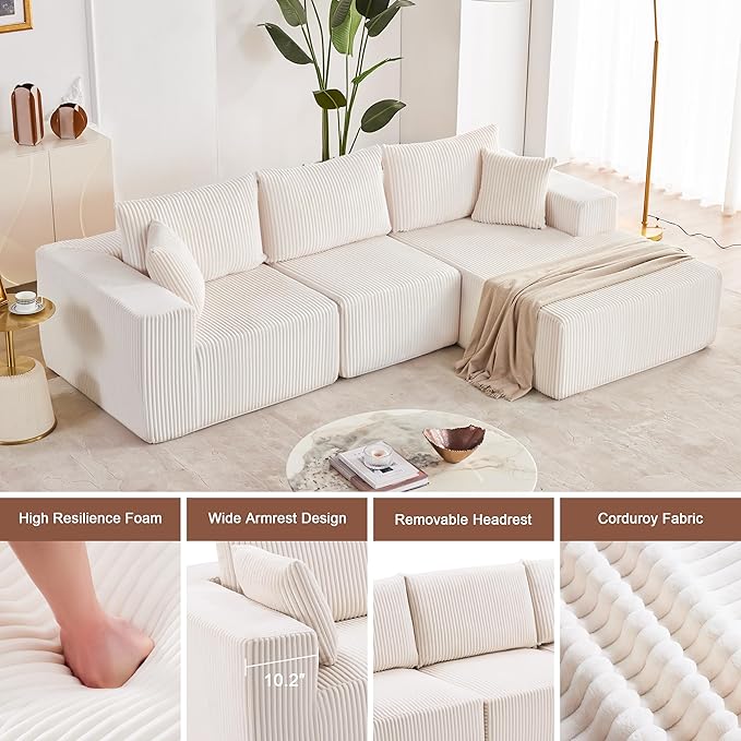 108” Modular Sectional Sofa, Cloud Sectional Couch with Deep Seat, Modern Modular L-Shape Sofa with Chaise,Upholstered Boneless Couches for Living Room (Corduroy, Beige)