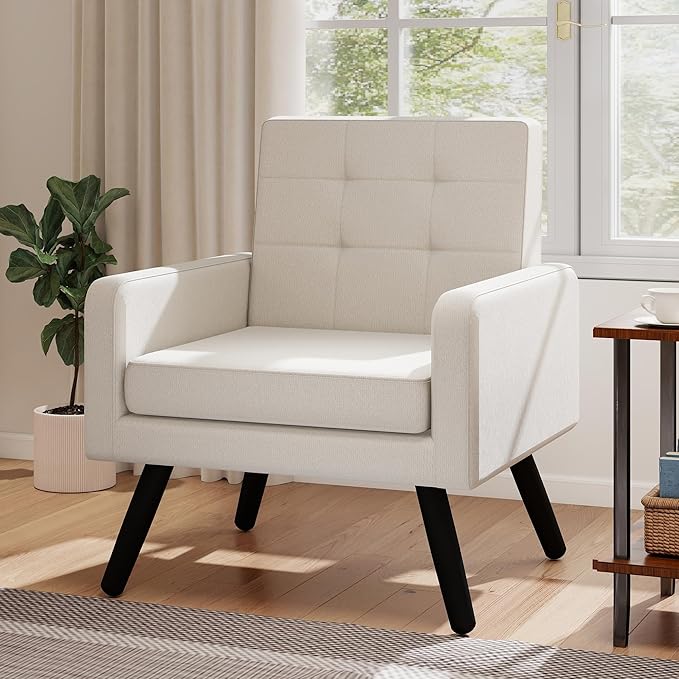 Kromax Mid-Century Modern Accent Chair for Living Room, 496 Lb. Weight Capacity, Dual Armrests, Comfy Extra Large Seat, Timeless Style Perfect for Reading & Relaxing, Cream