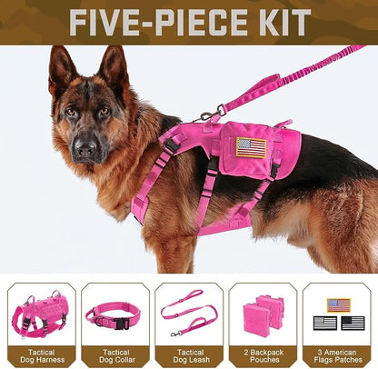 Forestpaw Pink Tactical Dog Harness Tactical Dog Collar with Bungee Leash Set,No Pull Military Dog Harness for Walking Training,Adjustable for Medium Dogs,Chest 17-25"