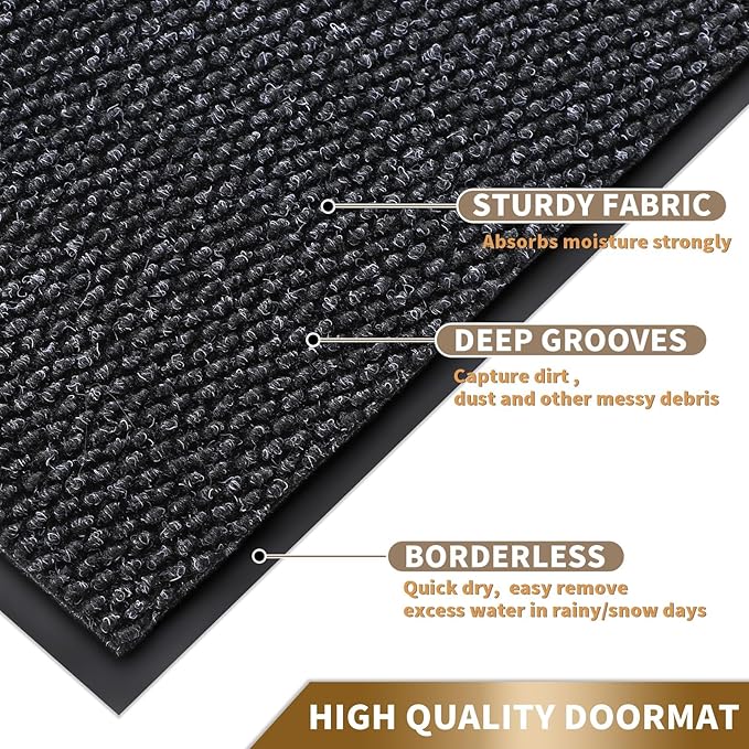 Yimobra Doormat Outdoor Indoor Entrance 36 x 17, All-Season All-Weather Front Door Mat, 100% Waterproof Welcome Matt for Floor Garage Outside Entry, Stain and Fade Resistant,Black Grey
