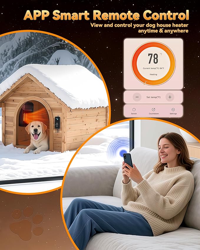 Dog House Heater with Thermostat & Smart APP WIFI Remote, 500W Fast Dog House Heaters Outdoor Doghouse, Chicken Coop, Pig Cat House, 41℉/113℉ Adjustable Temp & Timer, Pet Safe Space Electric Warmer