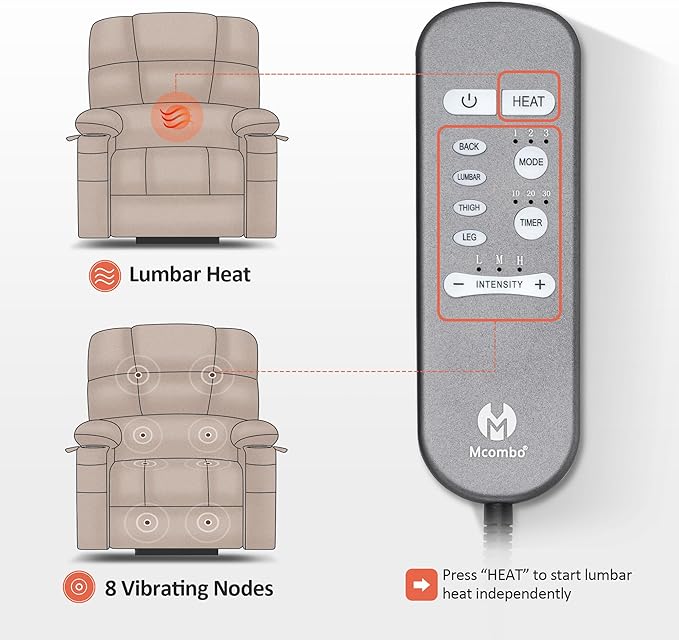 MCombo Oversized Dual Motor Power Lift Recliner Chair Sofa with Massage and Heat for Big Elderly People, Infinite Position, USB Ports, Fabric R7677 (Brown, Medium-Oversize)