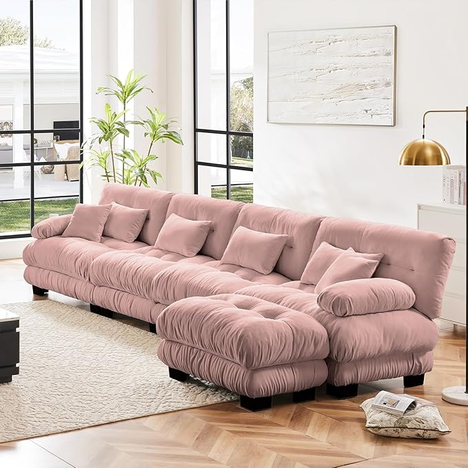 173.2" Oversized Couch, 4 Seater Modular Sectional Sofa, Pink Large L Shaped Fluffy Couch Set, Chenille Cloud Sofas with Ottoman for Living Room