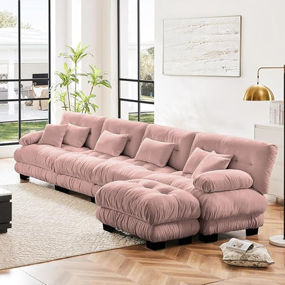 173.2" Oversized Couch, 4 Seater Modular Sectional Sofa, Pink Large L Shaped Fluffy Couch Set, Chenille Cloud Sofas with Ottoman for Living Room